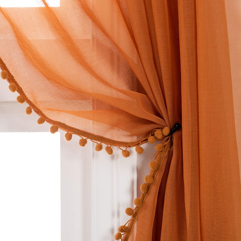 MISS SELECTEX Linen Look Pom Pom Tasseled Sheer Curtains - Rod Pocket Voile Semi-Sheer Curtains for Living and Bedroom, Set of 2 Curtain Panels (52 x 72 inch, Pumpkin Yellow) - Image 1